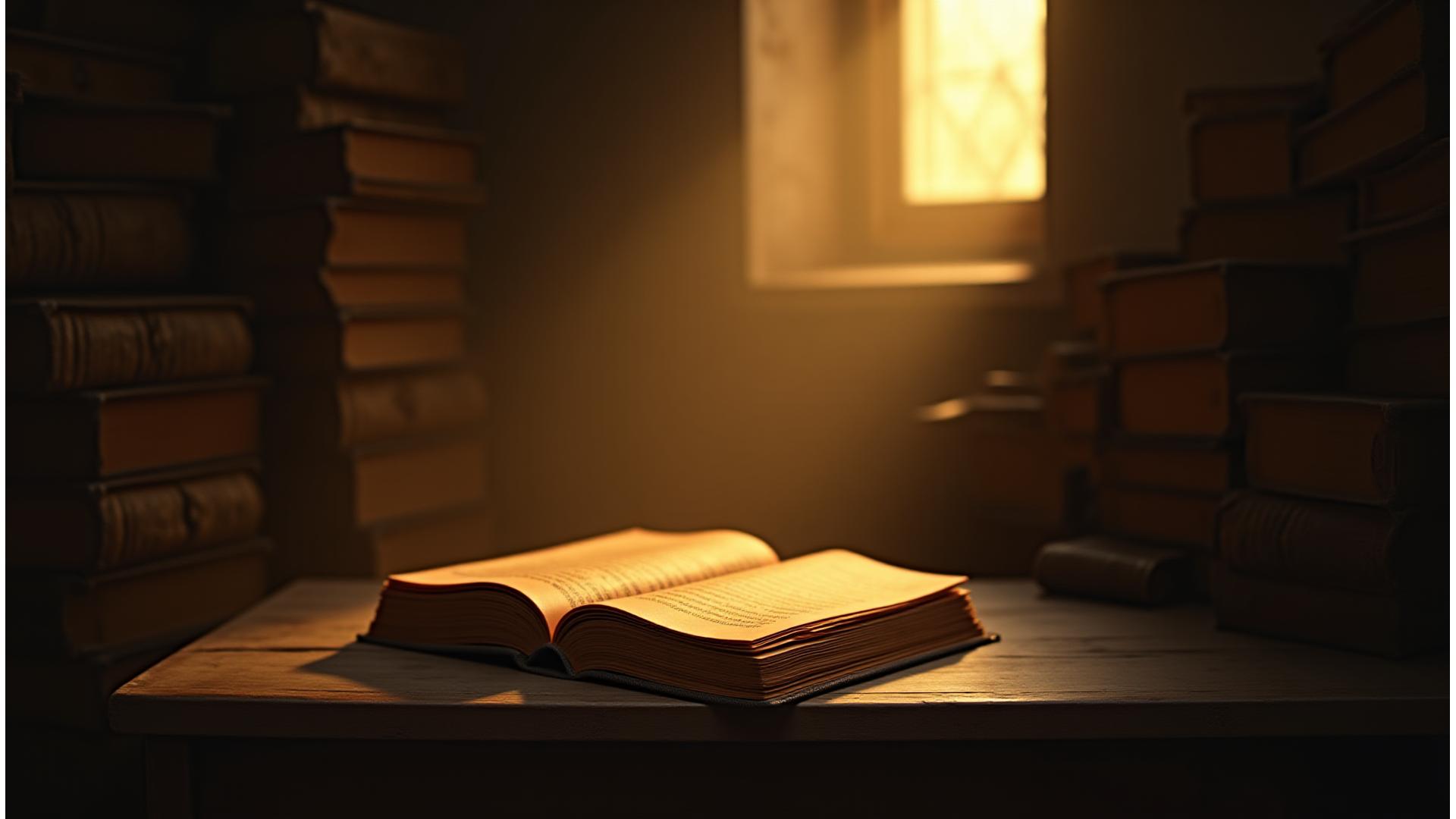 Antiguos libros polvorientos en una estantería, iluminados por un rayo de luz que revela su historia y misterio.