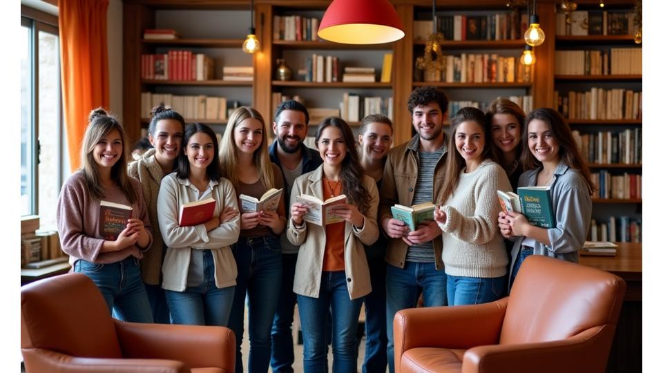 Foto grupal de miembros del club de lectura sonriendo y posando juntos en una librería.
