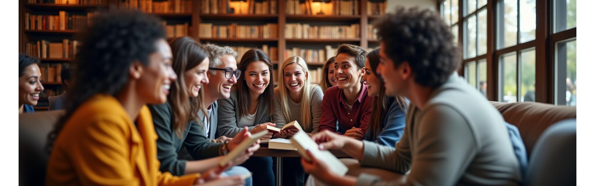 Grupo de personas sonriendo y debatiendo animadamente con libros en la mano en una acogedora librería.