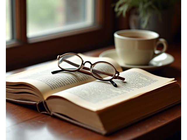 Antiguo libro de literatura clásica abierto con páginas amarillentas y gafas.