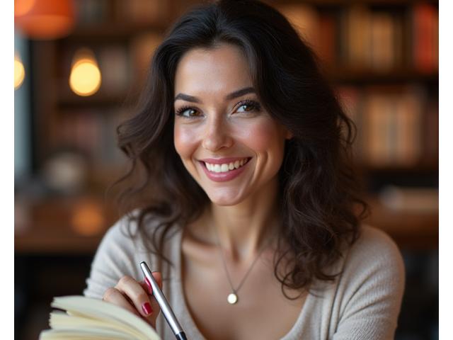 Elena Castillo firmando un libro sonriente