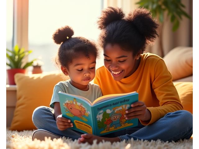 Niño sonriendo mientras lee un libro infantil bilingüe con su padre