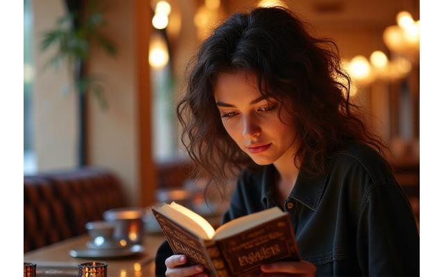 Joven leyendo un libro en inglés en una cafetería de Madrid