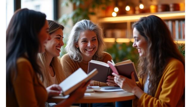 Grupo de personas sonriendo en un club de lectura de libros en inglés