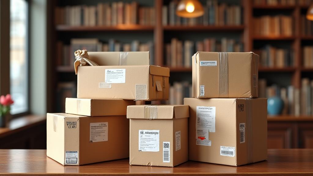 Cajas de envío con etiquetas de diferentes países llegando a una librería