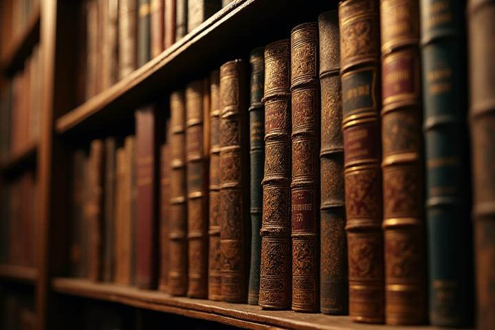 Librero antiguo de madera oscura lleno de libros clásicos con encuadernaciones de cuero y lomo dorado, iluminado por una luz cálida, evocando la atemporalidad de la literatura.