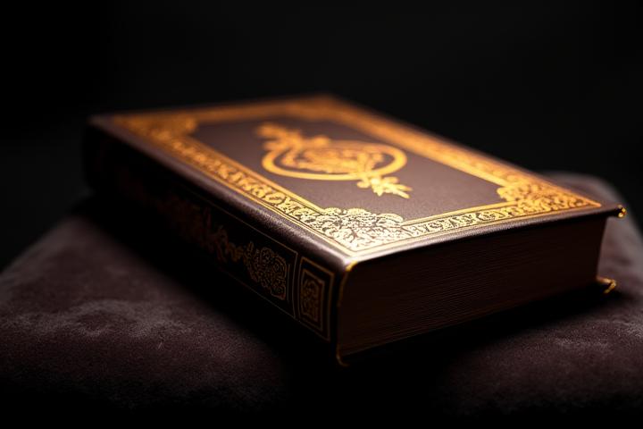 Un libro encuadernado en cuero ornamentado con detalles dorados, sobre terciopelo oscuro, con luz direccional resaltando su exclusividad, representando una edición limitada o libro de colección.