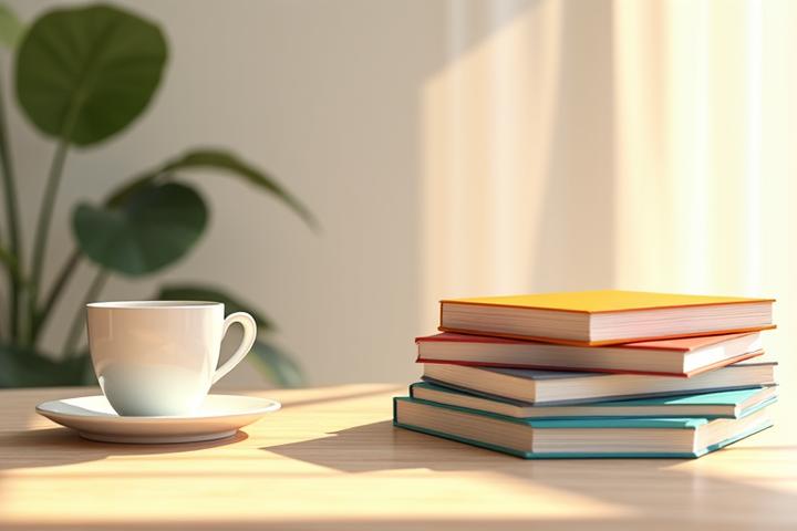 Mesa rústica con una pila de libros nuevos, algunos con cubiertas brillantes y diseño moderno, y una taza de café, sugeriendo una lectura acogedora.