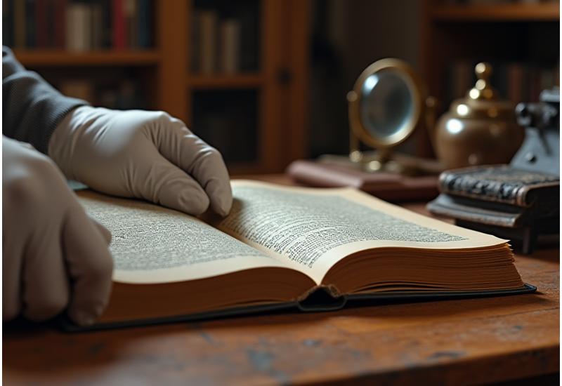 Manos enguantadas examinando cuidadosamente un libro antiguo bajo una luz de estudio, con herramientas de bibliotecario y estantes de libros al fondo, simbolizando el proceso de inspección y cuidado.