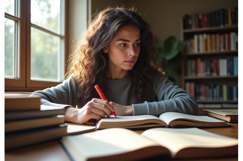 Estudiante planificando sus libros de texto académicos para el semestre.