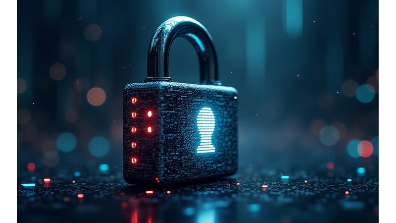 Un gran candado digital brillante sobre un fondo abstracto de bits de datos y líneas de código, simbolizando la seguridad cibernética.