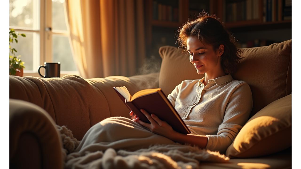 Persona sonriendo feliz de leer un libro cómodo en un sofá, con una taza de té y una manta, símbolo de la satisfacción de encontrar la lectura perfecta.