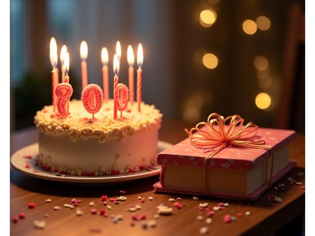 Una tarta de cumpleaños con velas y un libro abierto al lado, creando un ambiente festivo y acogedor.