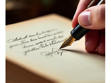 Una mano escribiendo una dedicatoria elegante en la primera página de un libro, con una pluma estilográfica.