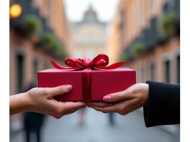 Dos manos intercambiando un paquete de regalo envuelto con elegancia, con el telón de fondo de una calle madrileña, simbolizando la entrega personal.