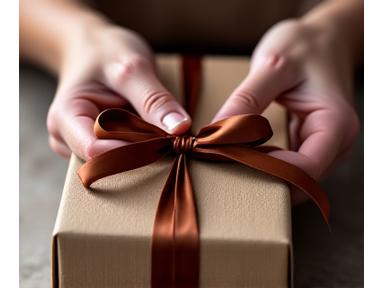 Manos envolviendo un libro con papel de regalo de lujo y un lazo de seda, mostrando un proceso de empaquetado premium.