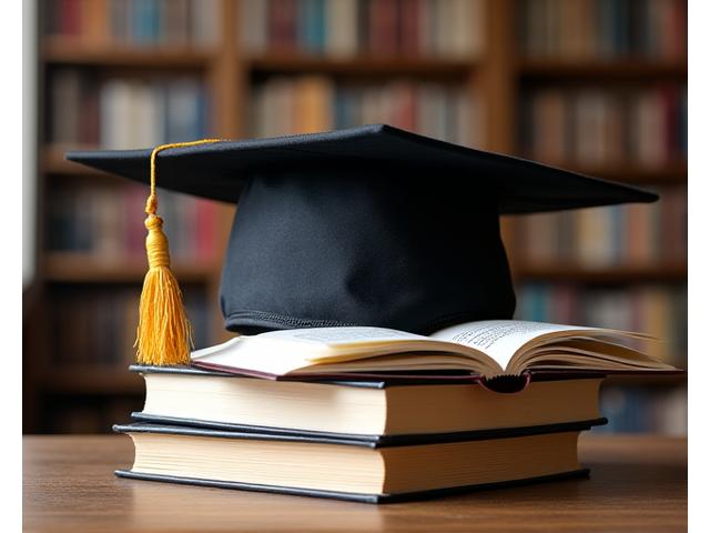 Un birrete de graduación apoyado sobre una pila de libros con la tapa abierta, simbolizando el conocimiento y el logro.