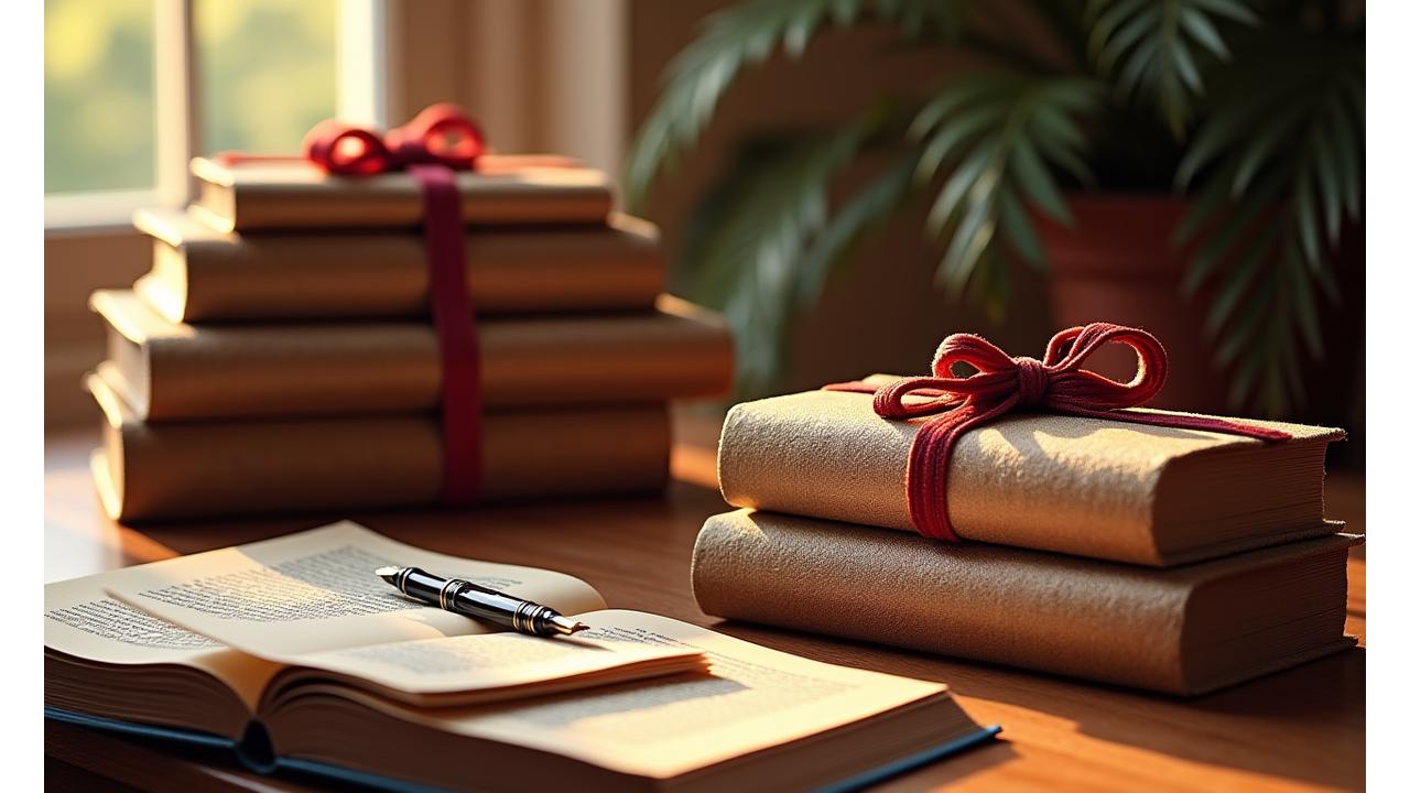 Libros y regalos elegantemente envueltos sobre un escritorio de madera, con una luz cálida invitando a la lectura.