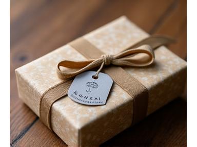 Un paquete de regalo de lujo sobre una mesa de madera, con papel reciclado de alta calidad y un lazo de tela natural, destacando la sostenibilidad.
