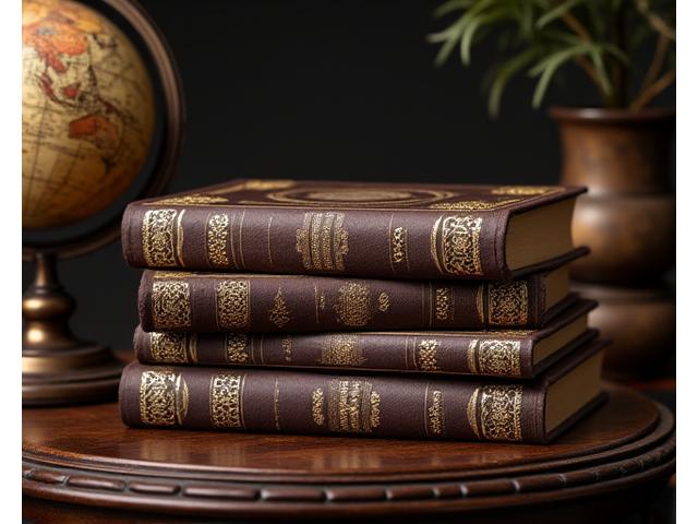 Una selección de ediciones de lujo de clásicos literarios, con tapas de cuero y detalles dorados artísticamente dispuestos.