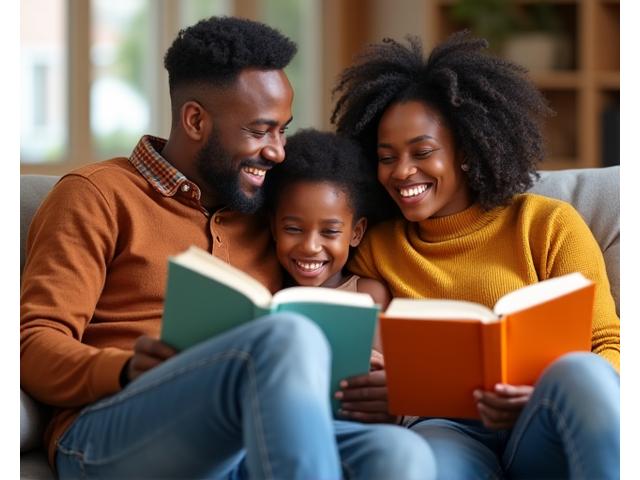 Una familia sonriente leyendo libros en un acogedor sofá, cada miembro con un libro adecuado para su edad, simbolizando la lectura compartida.