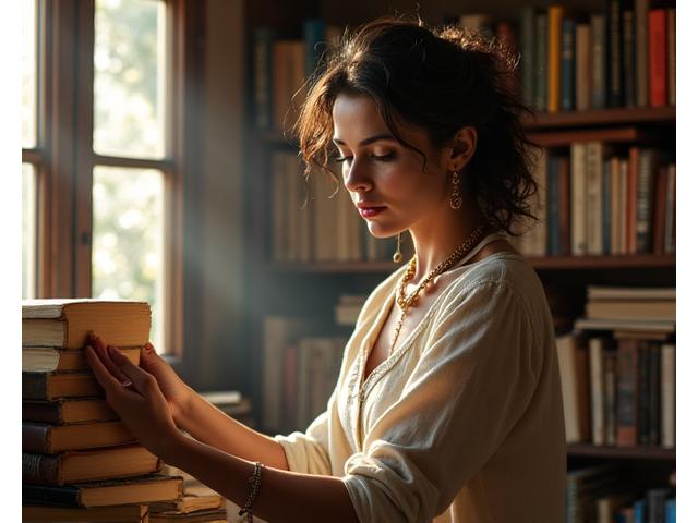 Carmen Rodríguez, fundadora de El Librero Errante, revisando libros antiguos en su primera librería en Madrid.