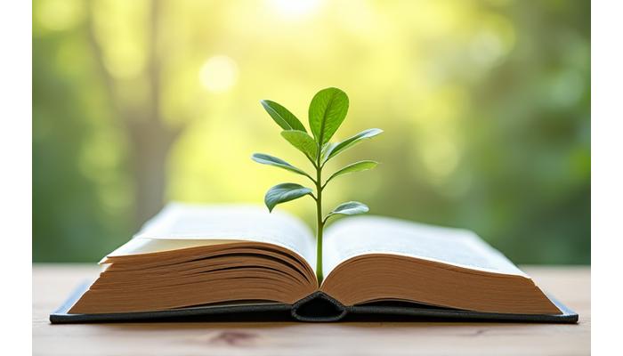 Manos plantando un pequeño árbol brotando de un libro abierto, simbolizando crecimiento y sostenibilidad.