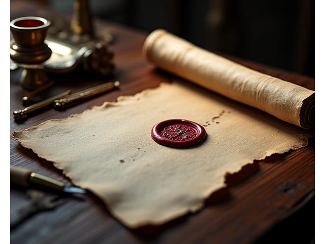Un pergamino antiguo con un sello de cera y una pluma, simbolizando la protección de los derechos de autor.