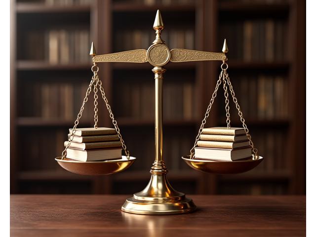 Una balanza de la justicia con libros en un plato, simbolizando el equilibrio legal y la limitación de responsabilidades.