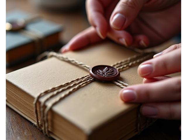 Una mano sosteniendo un paquete envuelto en papel craft con un sello de cera de una pluma, simbolicando el cuidado en el envío de libros.